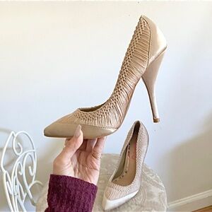 🪞 nude satin pointed front high heels